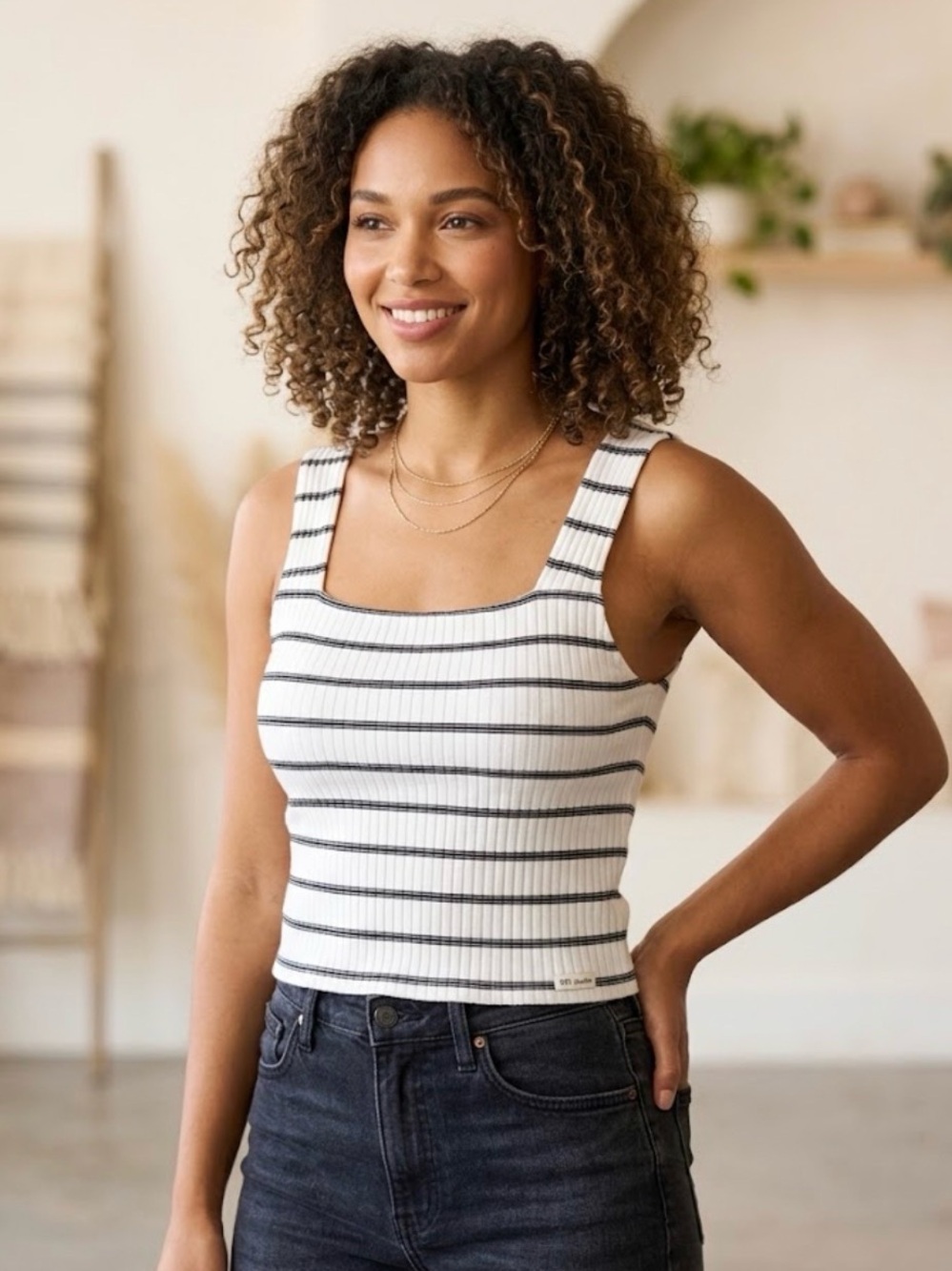 American Eagle White & Black Striped Ribbed Square-Neck Crop Tank Top Size XL